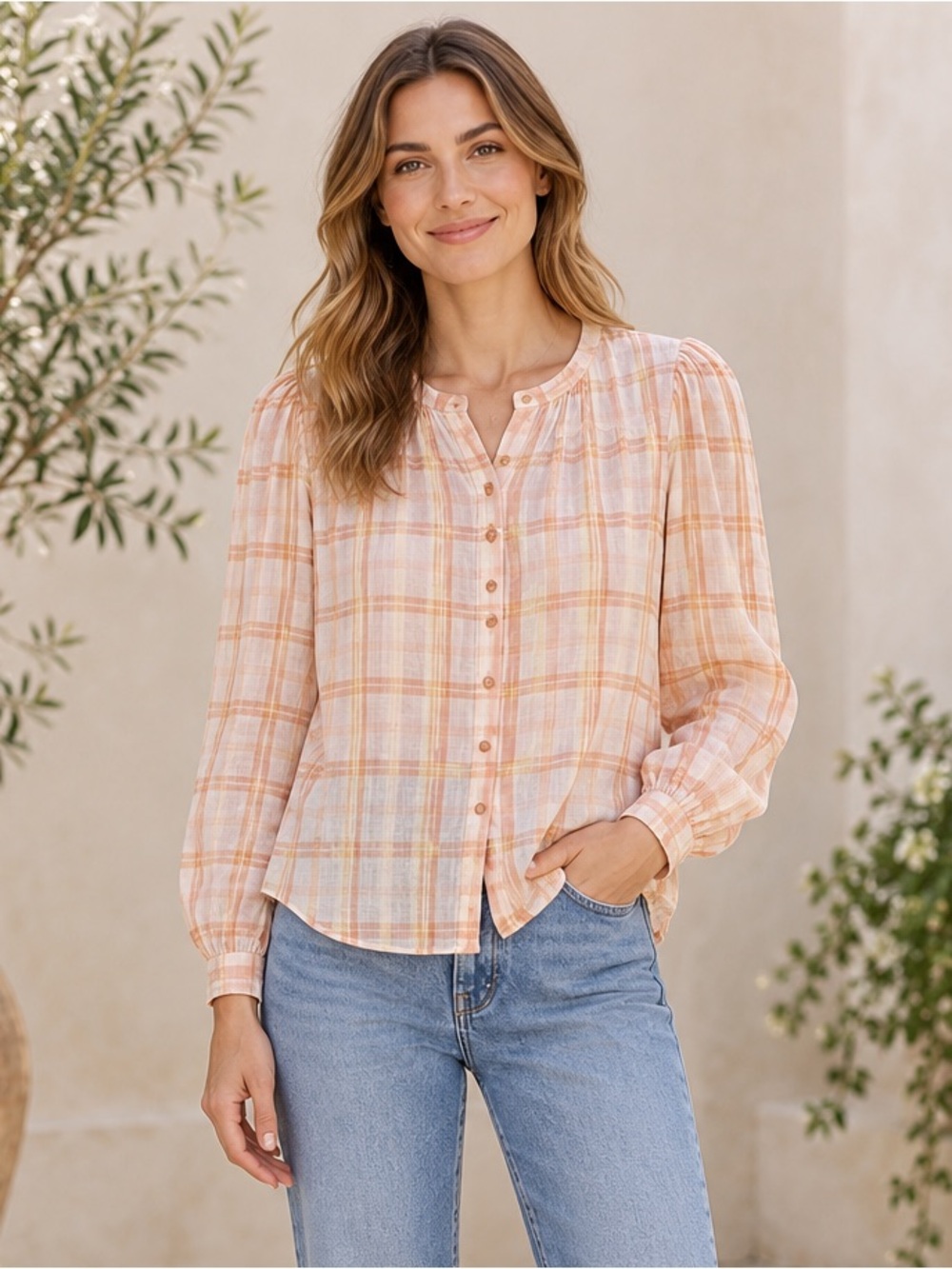 NWOT Ulla Johnson Peach Plaid Cotton Blouse Size 10
